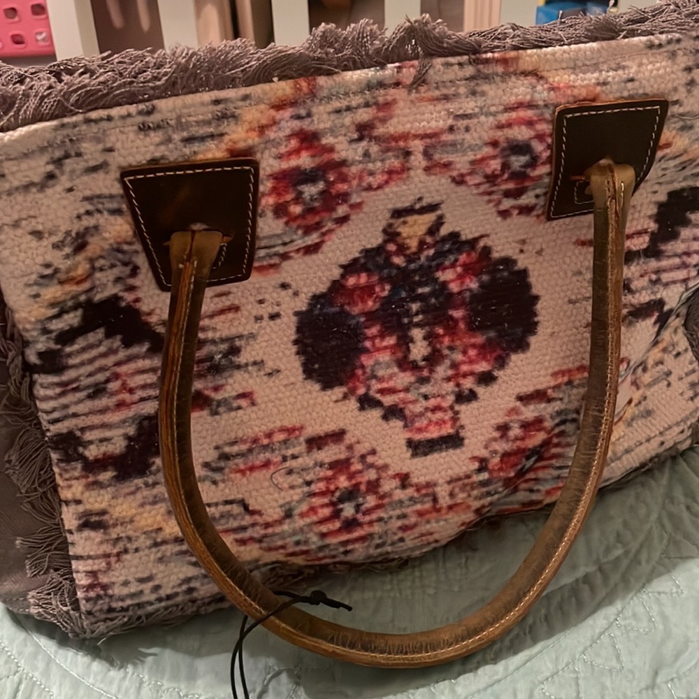 Brand New Myra Small Tote Bag in Gray with multicolor print on front